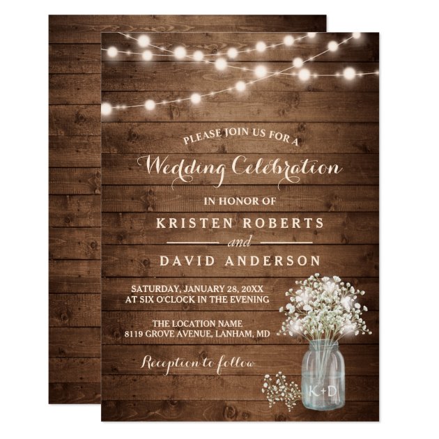Rustic Baby's Breath Mason Jar Lights Wedding Invitation
