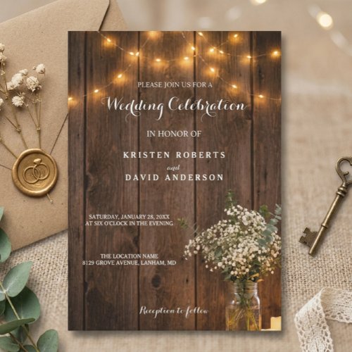 Rustic Baby's Breath Mason Jar Lights Wedding Invi