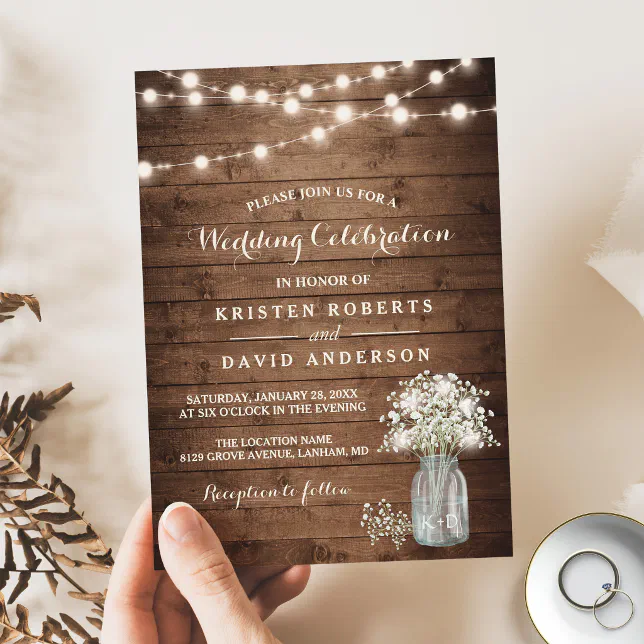 Rustic Baby's Breath Mason Jar Lights Wedding Invitation | Zazzle