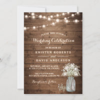 Rustic Baby's Breath Mason Jar Lights Wedding Invitation