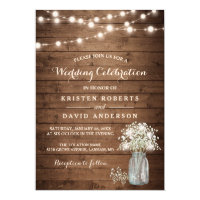 Rustic Baby's Breath Mason Jar Lights Wedding Invitation