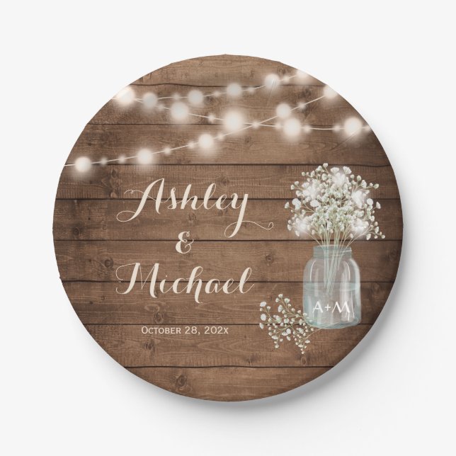 Rustic Baby's Breath Mason Jar Lights Wedding Paper Plates (Front)