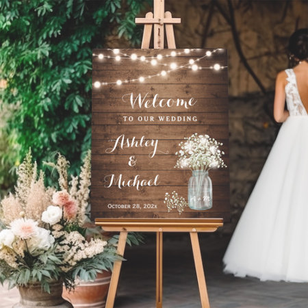 Rustic Baby's Breath Mason Jar Lights Wedding Sign
