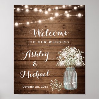 Rustic Baby&#39;s Breath Mason Jar Lights Wedding Sign