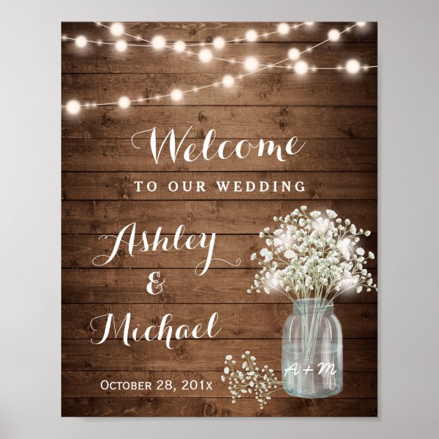 Rustic Baby's Breath Mason Jar Lights Wedding Sign Poster