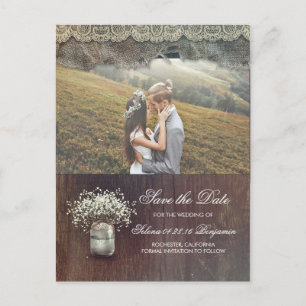 Rustic Baby's Breath Mason Jar Photo Save the Date Announcement Postcard