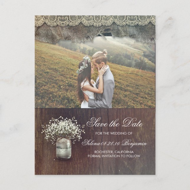Rustic Baby's Breath Mason Jar Photo Save the Date Announcement Postcard (Front)