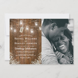 Rustic Babys Breath Mason Jar Photo Wedding Invitation