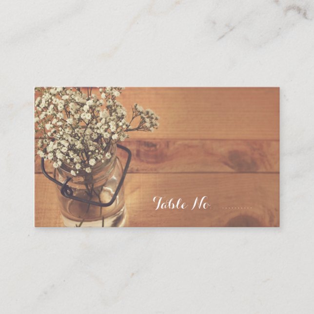 Rustic Baby's Breath Mason Jar Wedding Place Card (Front)