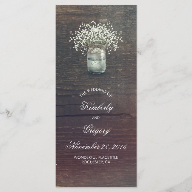 Rustic Baby's Breath Mason Jar Wedding Programs (Front)