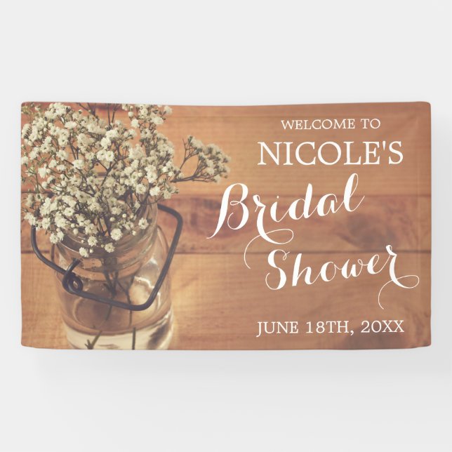 Rustic Baby's Breath Mason Jar Wood Bridal Shower Banner (Horizontal)