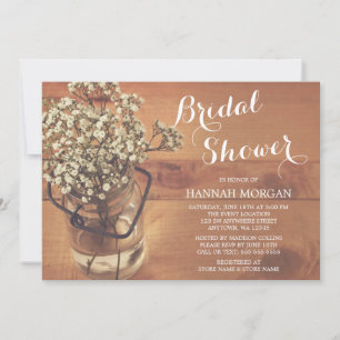 Rustic Baby's Breath Mason Jar Wood Bridal Shower Invitation