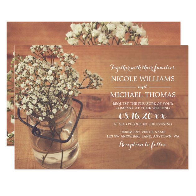 Rustic Baby's Breath Mason Jar Wood Wedding Invitation