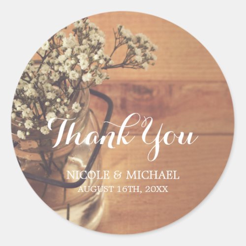 Rustic Babys Breath Mason Jar Wood Wedding Classic Round Sticker