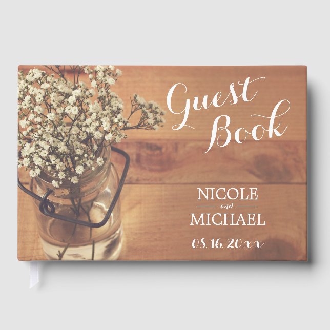 Rustic Baby's Breath Mason Jar Wood Wedding Guest Book (Front)