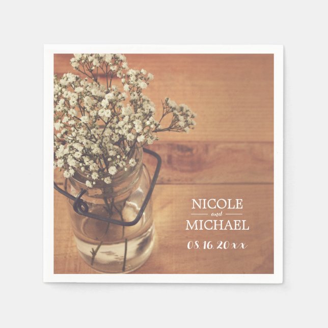 Rustic Baby's Breath Mason Jar Wood Wedding Napkins (Front)