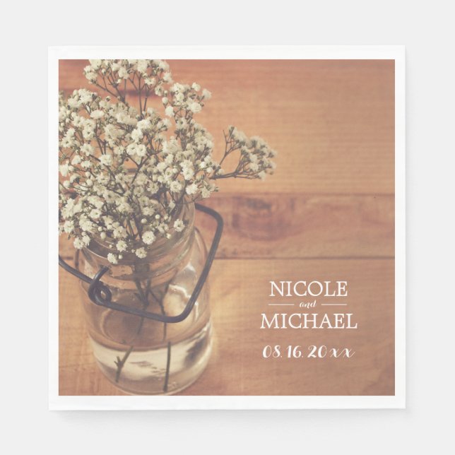 Rustic Baby's Breath Mason Jar Wood Wedding Napkins (Front)
