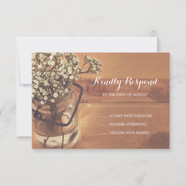 Rustic Baby's Breath Mason Jar Wood Wedding RSVP Card (Front)