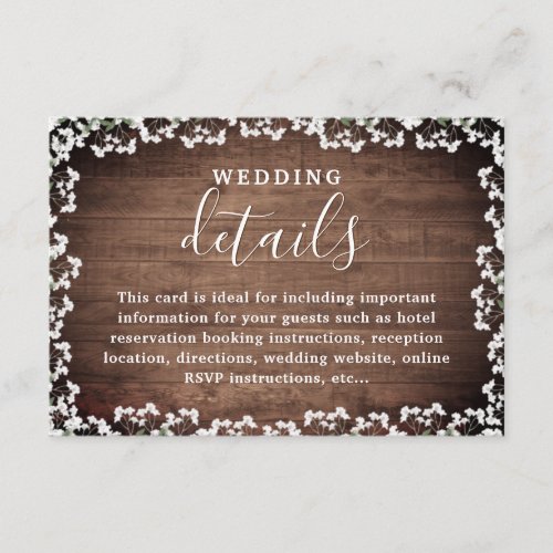 Rustic Babys Breath on Dark Wood Wedding Details Enclosure Card