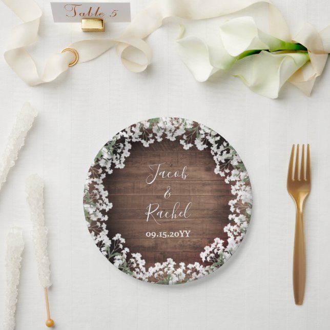 Rustic Baby's Breath on Dark Wood Wedding Paper Plates (Wedding)