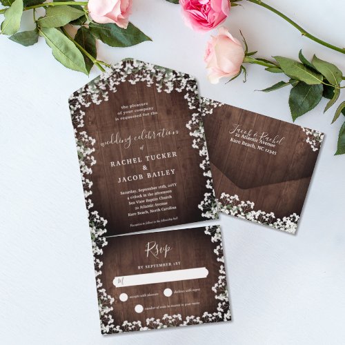 Rustic Babys Breath on Wood Floral Wedding All In One Invitation