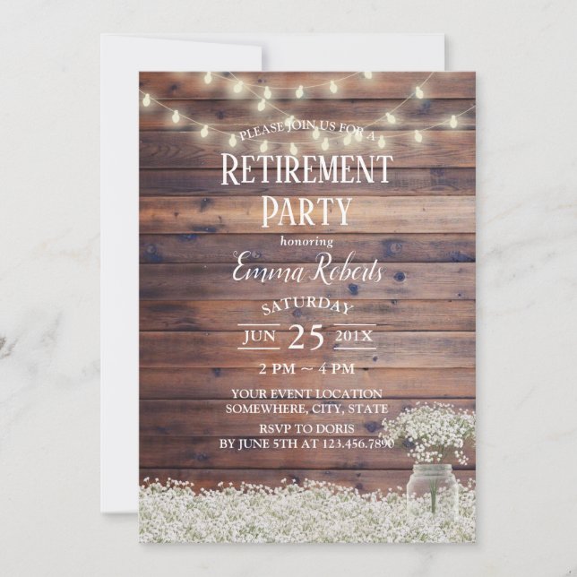 Rustic Baby's Breath String Lights Retirement Invitation (Front)