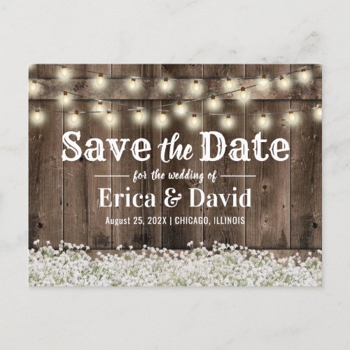 Rustic Babys Breath String Lights Save the Date Announcement Postcard