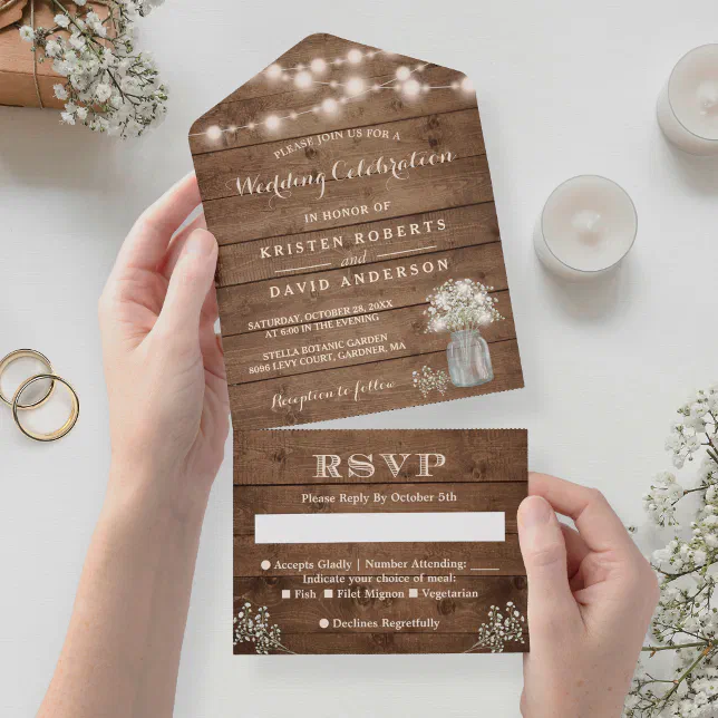 Rustic Baby's Breath String Lights Wedding All In One Invitation | Zazzle