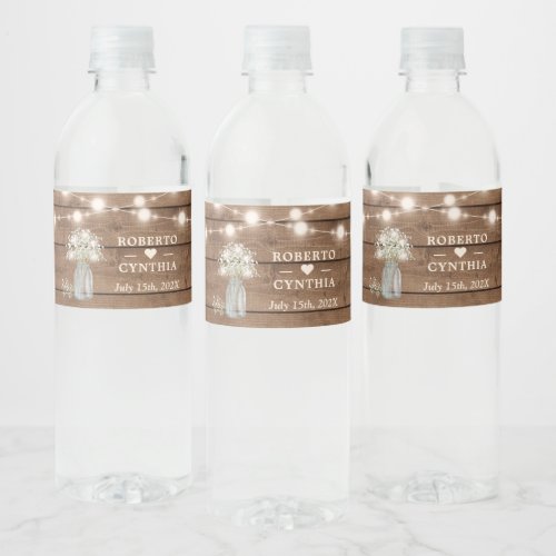 Rustic Babys Breath String lights Wedding Water Bottle Label