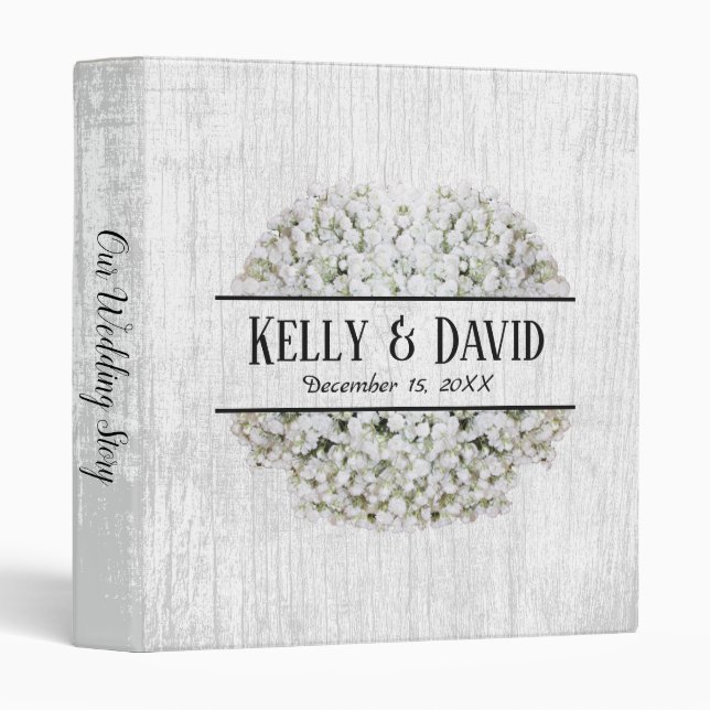 Rustic Baby's Breath White Barn Wood Wedding Album 3 Ring Binder (Front/Spine)