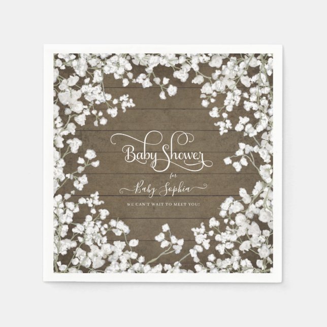 Rustic Babys Breath White Floral Baby Shower Decor Napkins (Front)