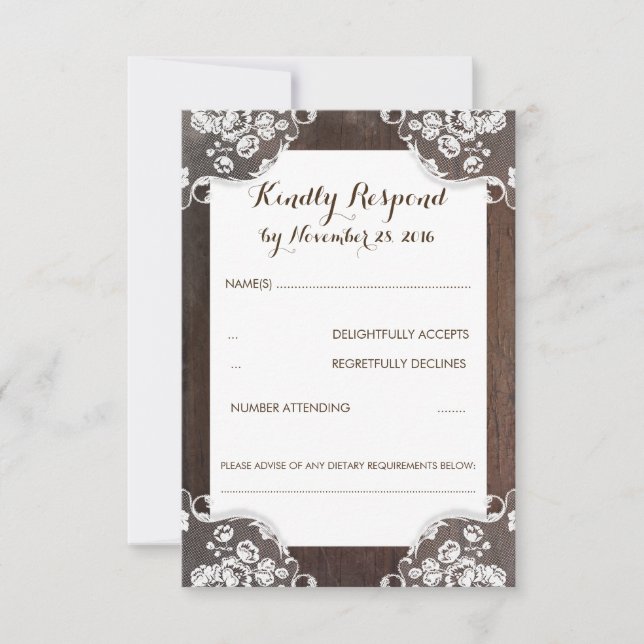 Rustic Baby's Breath Wood and Lace Wedding RSVP (Front)