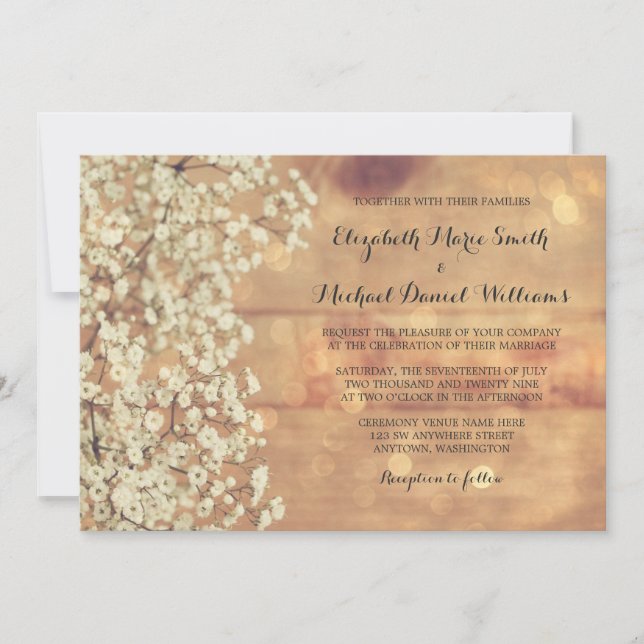 Rustic Baby's Breath Wood Wedding Invitations (Front)