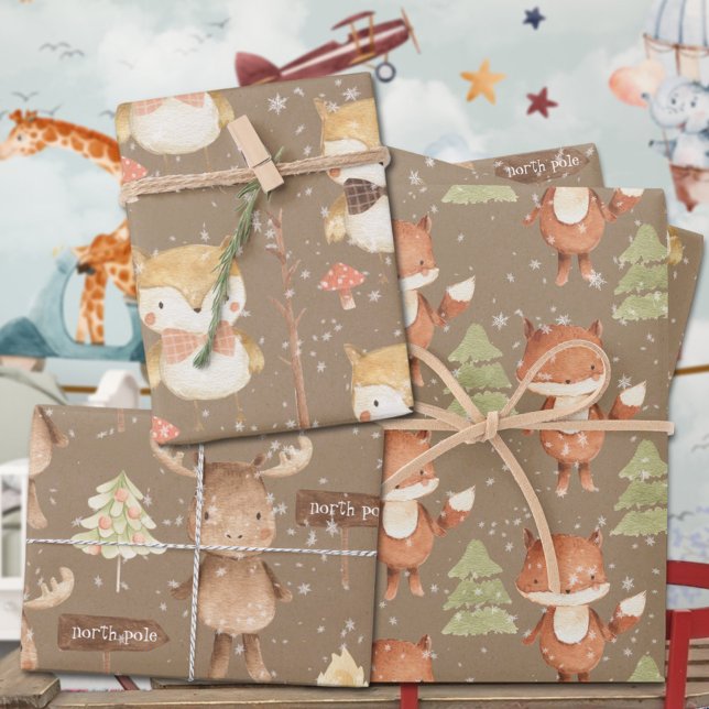 Rustic Baby's First Christmas Fox Owl & Moose Wrapping Paper Sheets (Rustic Kraft Baby's First Christmas Red Fox Owl & Moose Going To The North Pole Gift Wrapping Trio )