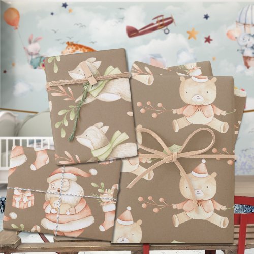 Rustic Babys First Christmas Teddy Bear Fox Santa Wrapping Paper Sheets