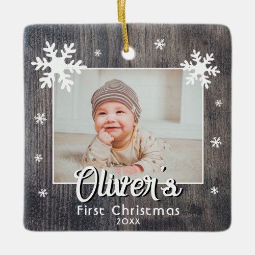 Rustic Babys First Christmas Wood Snowflake Photo Ceramic Ornament