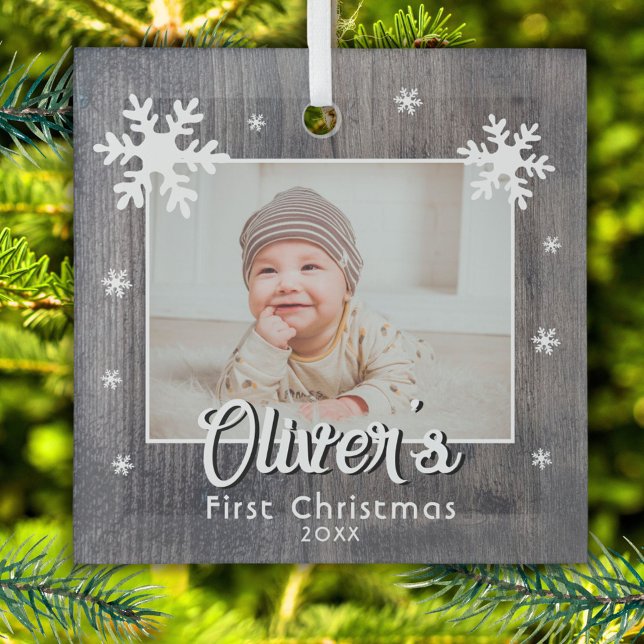 Rustic Baby's First Christmas Wood Snowflake Photo Glass Ornament (Creator Uploaded)