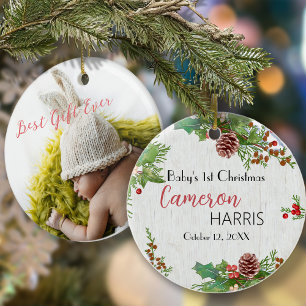 Rustic Baby's Milestone 1st Christmas Photo Ornament