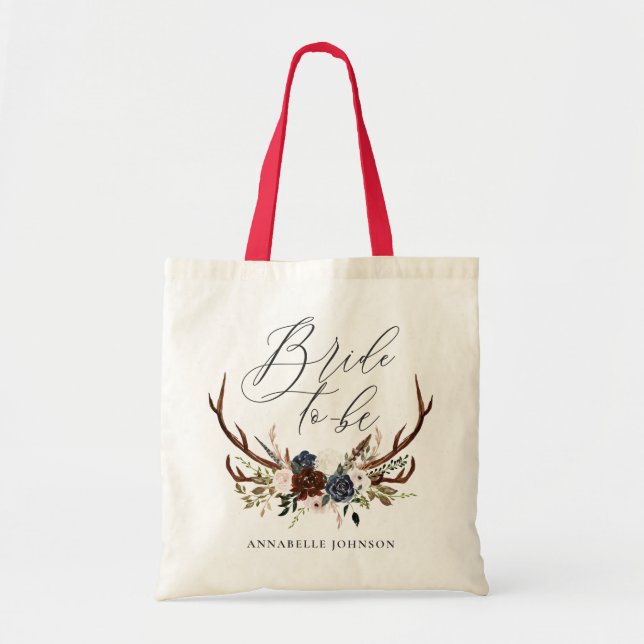 rustic bachelorette bride to be floral antlers tote bag (Front)