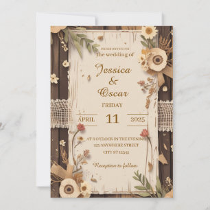 Rustic Background with Weathered Wood Dried Flower Invitation