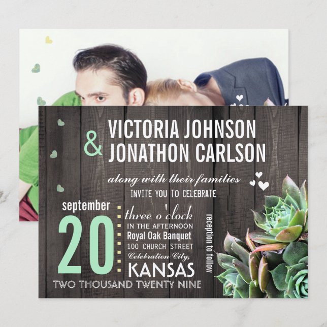 Rustic Backyard Barn Wood Hens and Chicks Wedding Invitation (Front/Back)