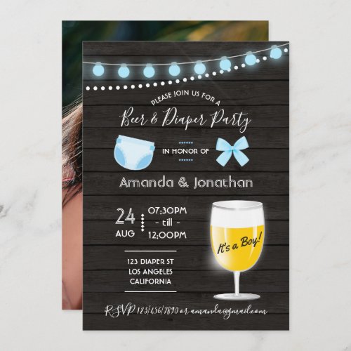 Rustic backyard Beer and Diaper Baby Boy Shower Invitation