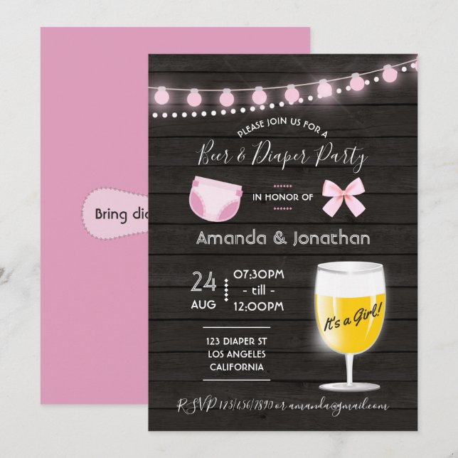 Rustic backyard Beer and Diaper Baby Girl Shower Invitation (Front/Back)
