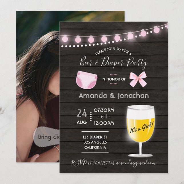 Rustic backyard Beer and Diaper Baby Girl Shower Invitation (Front/Back)