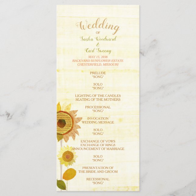 Rustic Backyard Sunflowers Wedding Program (Front)