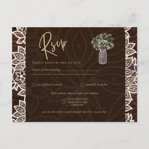 Rustic Backyard Woodland Wedding Wood Lace RSVP Postcard