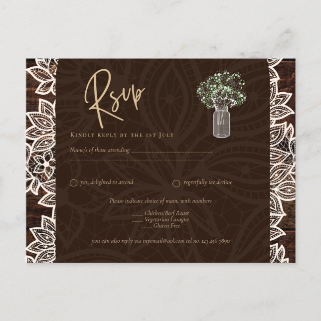 Rustic Backyard Woodland Wedding Wood Lace RSVP Postcard (Front)