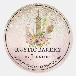 Rustic Bakery circle elegant cute bling gold Classic Round Sticker