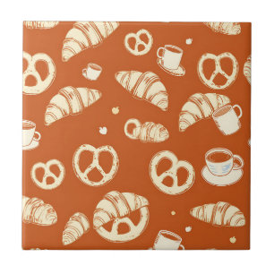 Rustic Bakery Croissants and Pretzels Hand-Drawn Ceramic Tile