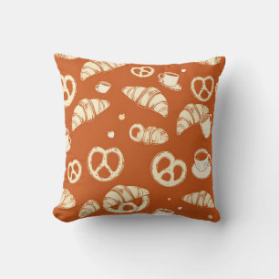 Rustic Bakery Croissants and Pretzels Hand-Drawn Throw Pillow